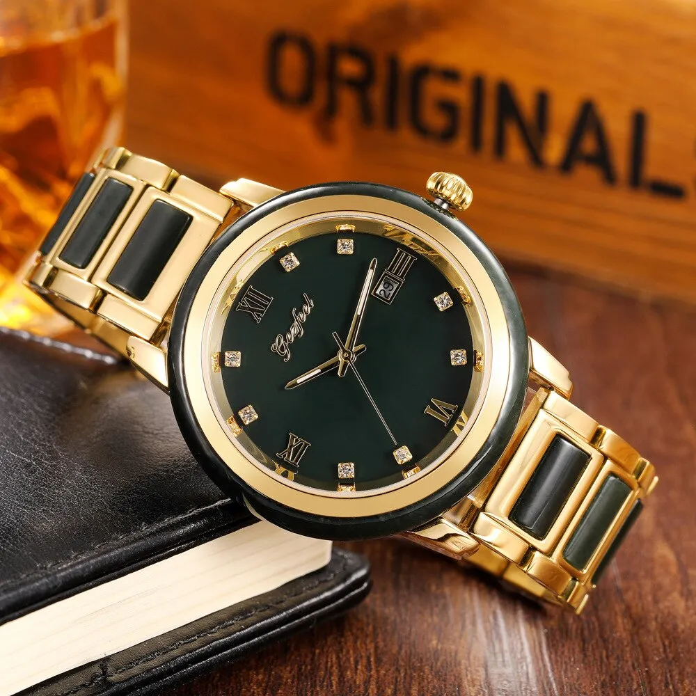Unisex Jade Dark Green Dial Stainless Steel Quartz Waterproof Watch