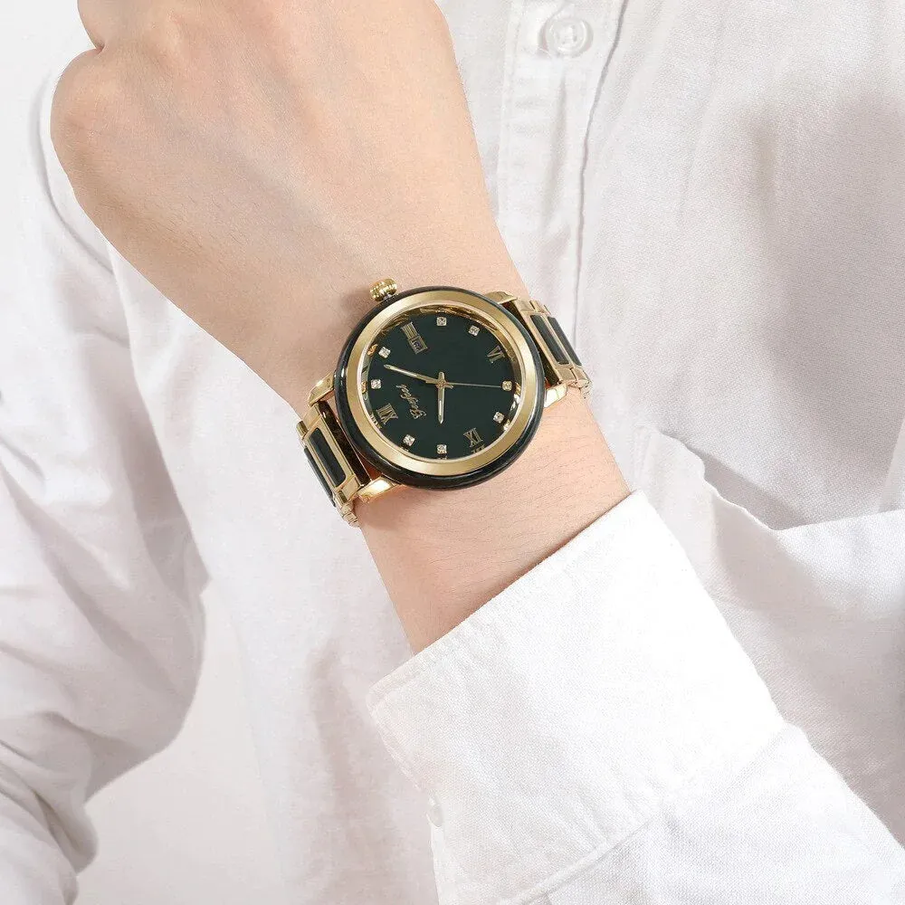 Unisex Jade Dark Green Dial Stainless Steel Quartz Waterproof Watch