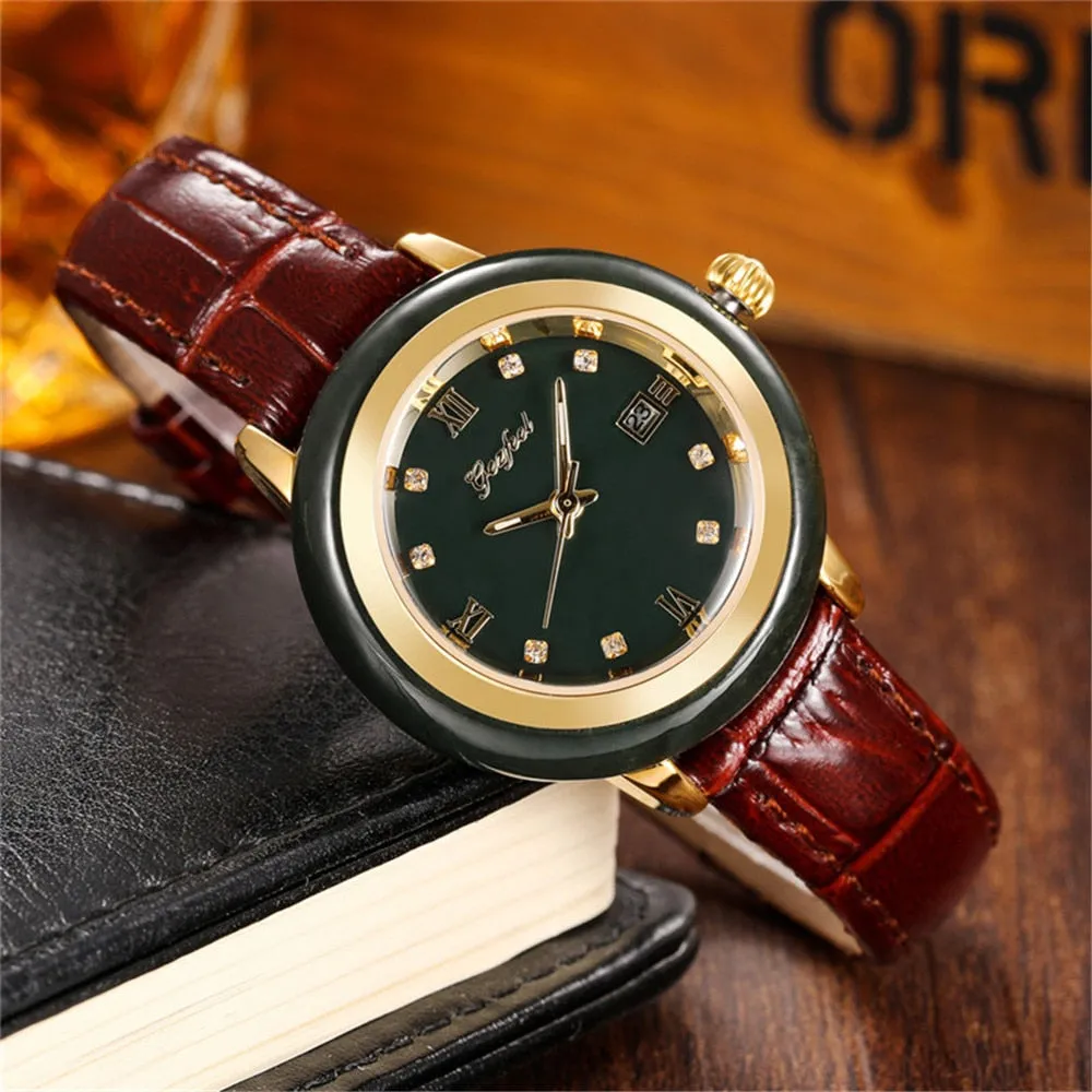 Unisex Jade Dark Green Dial Stainless Steel Quartz Waterproof Watch