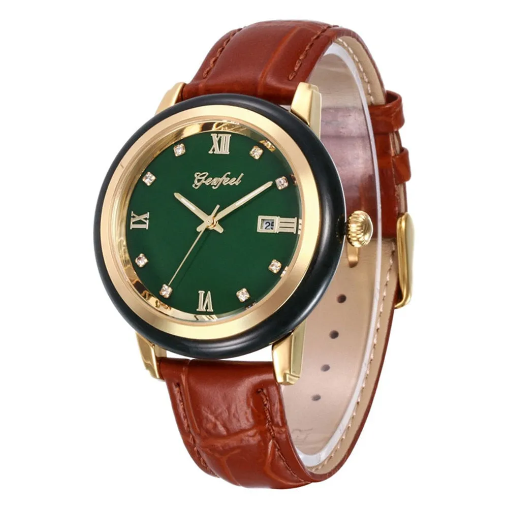 Unisex Jade Dark Green Dial Stainless Steel Quartz Waterproof Watch