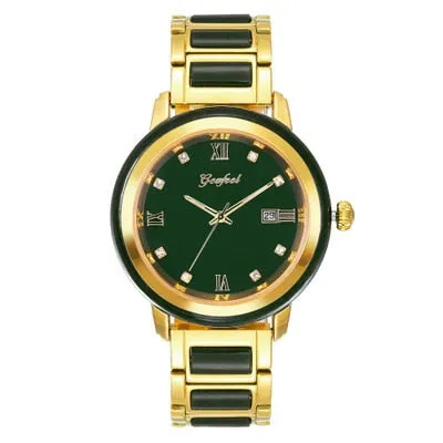 Unisex Jade Dark Green Dial Stainless Steel Quartz Waterproof Watch