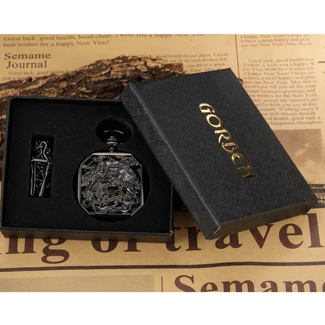 Unisex Retro Luxury Chinese Mascot Lion Black Mechanical Fob Pocket Watch