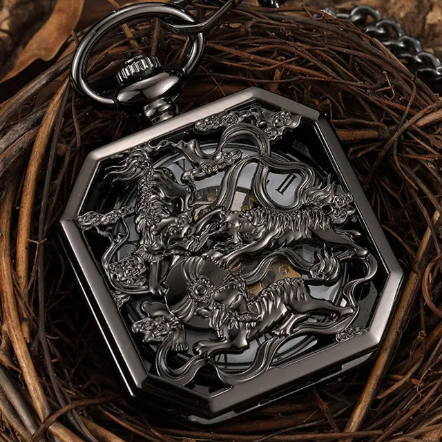 Unisex Retro Luxury Chinese Mascot Lion Black Mechanical Fob Pocket Watch