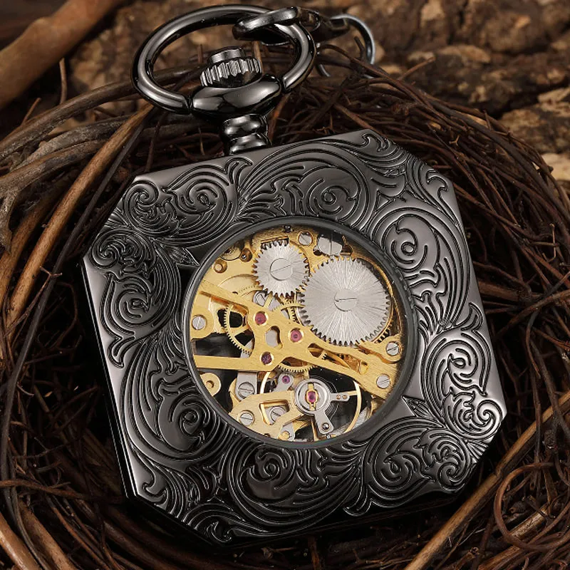 Unisex Retro Luxury Chinese Mascot Lion Black Mechanical Fob Pocket Watch