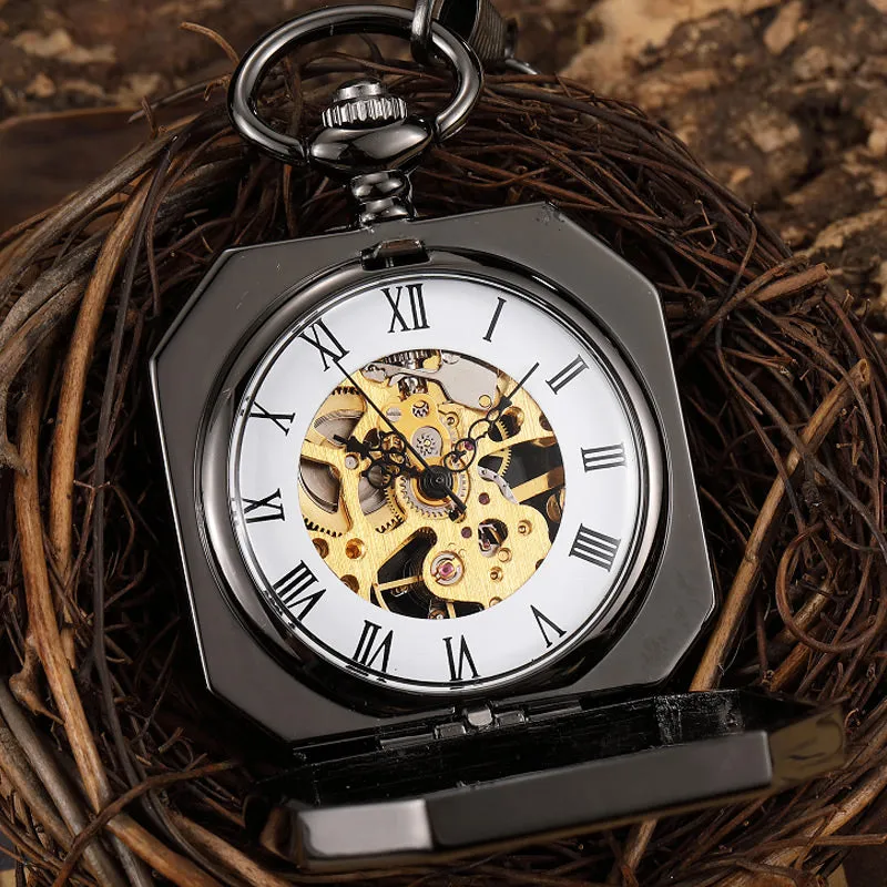 Unisex Retro Luxury Chinese Mascot Lion Black Mechanical Fob Pocket Watch