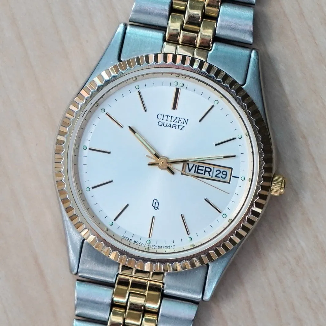 Vintage CITIZEN Quartz CQ Watch Day/Date ALL Two-Tone S.S. - 6100-R00405