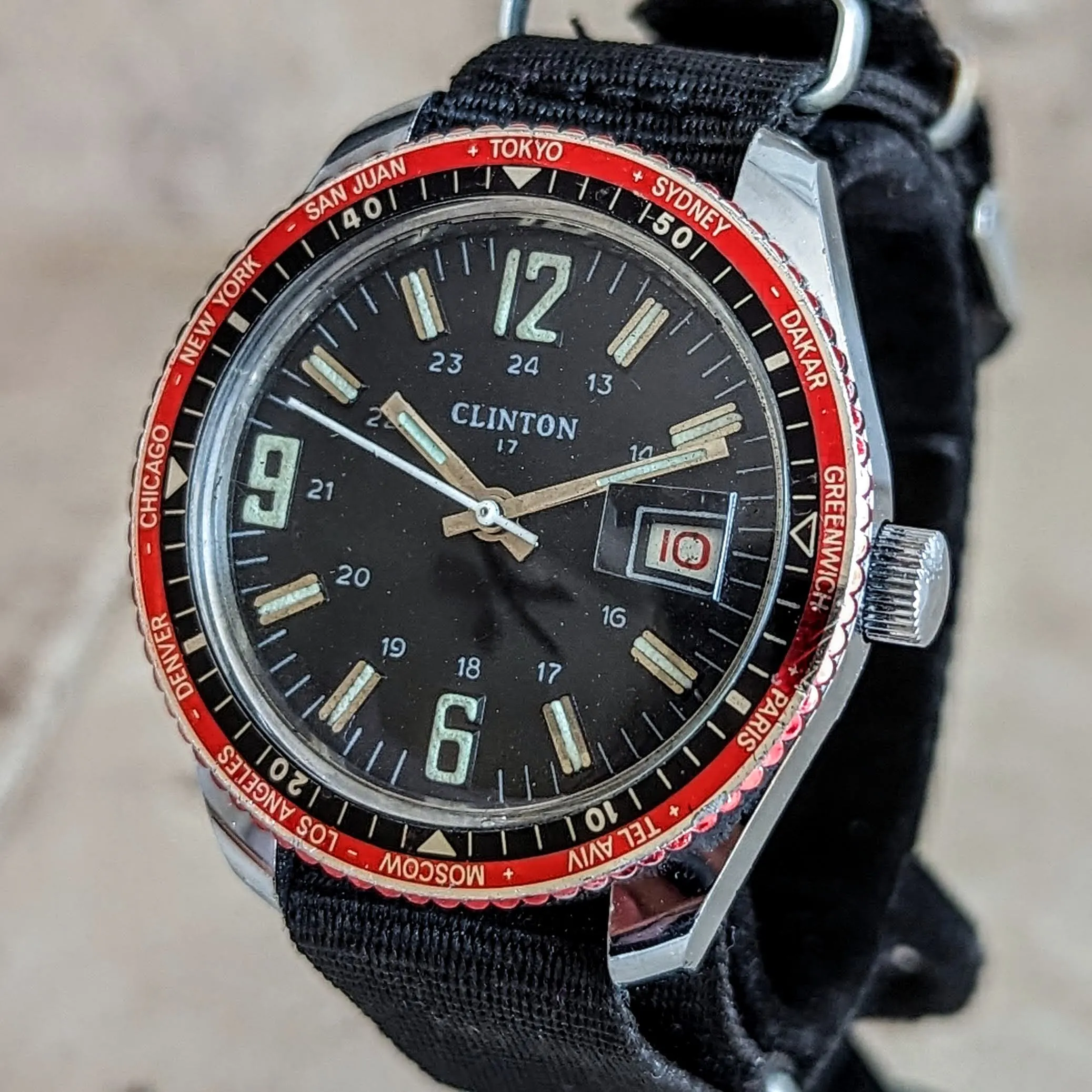 Vintage CLINTON Wristwatch Date & World Time Watch 17 Jewels GMT Watch