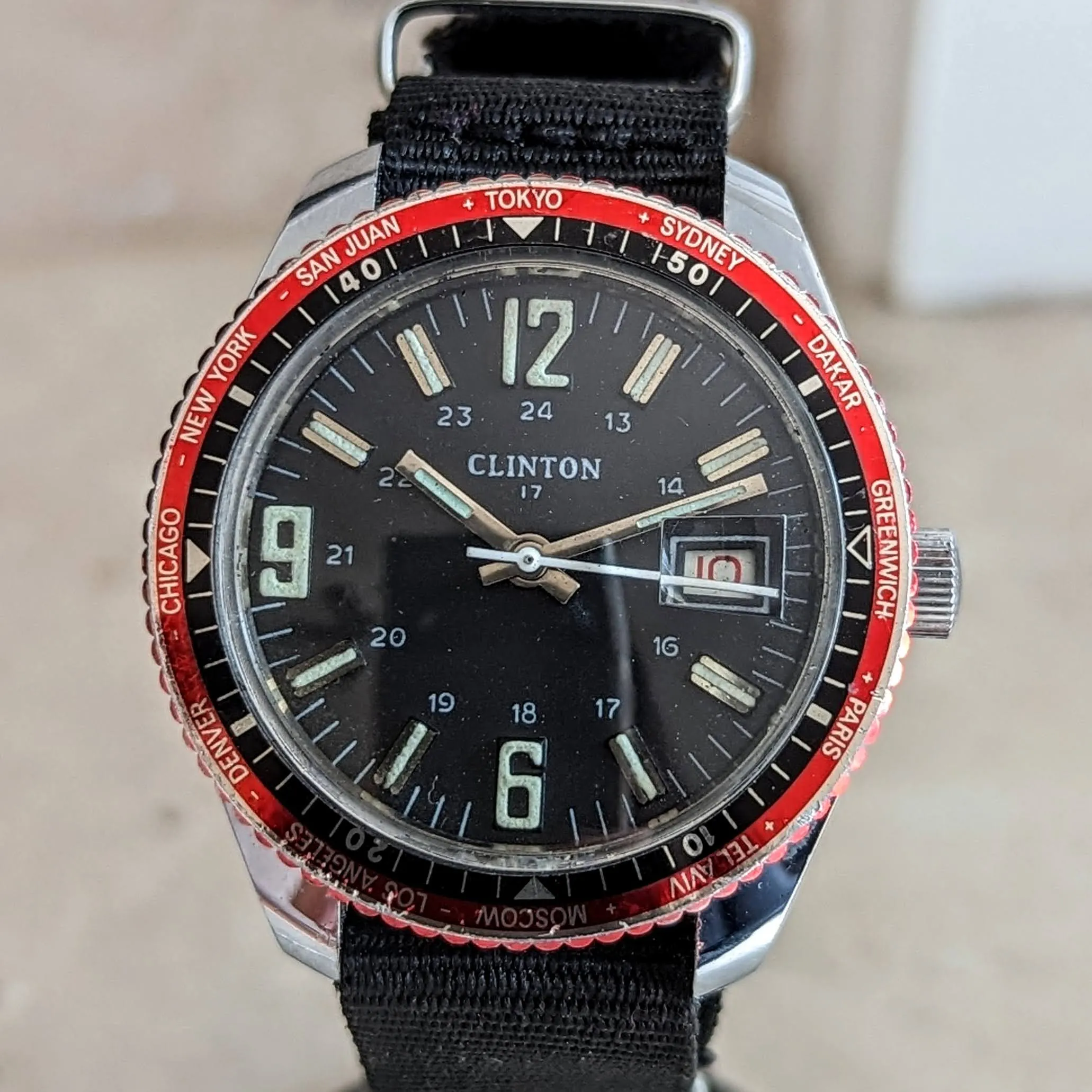 Vintage CLINTON Wristwatch Date & World Time Watch 17 Jewels GMT Watch