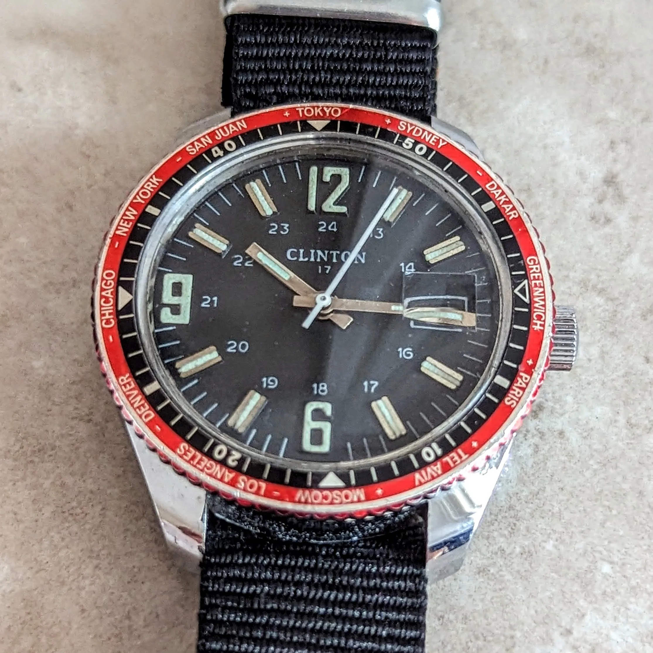 Vintage CLINTON Wristwatch Date & World Time Watch 17 Jewels GMT Watch