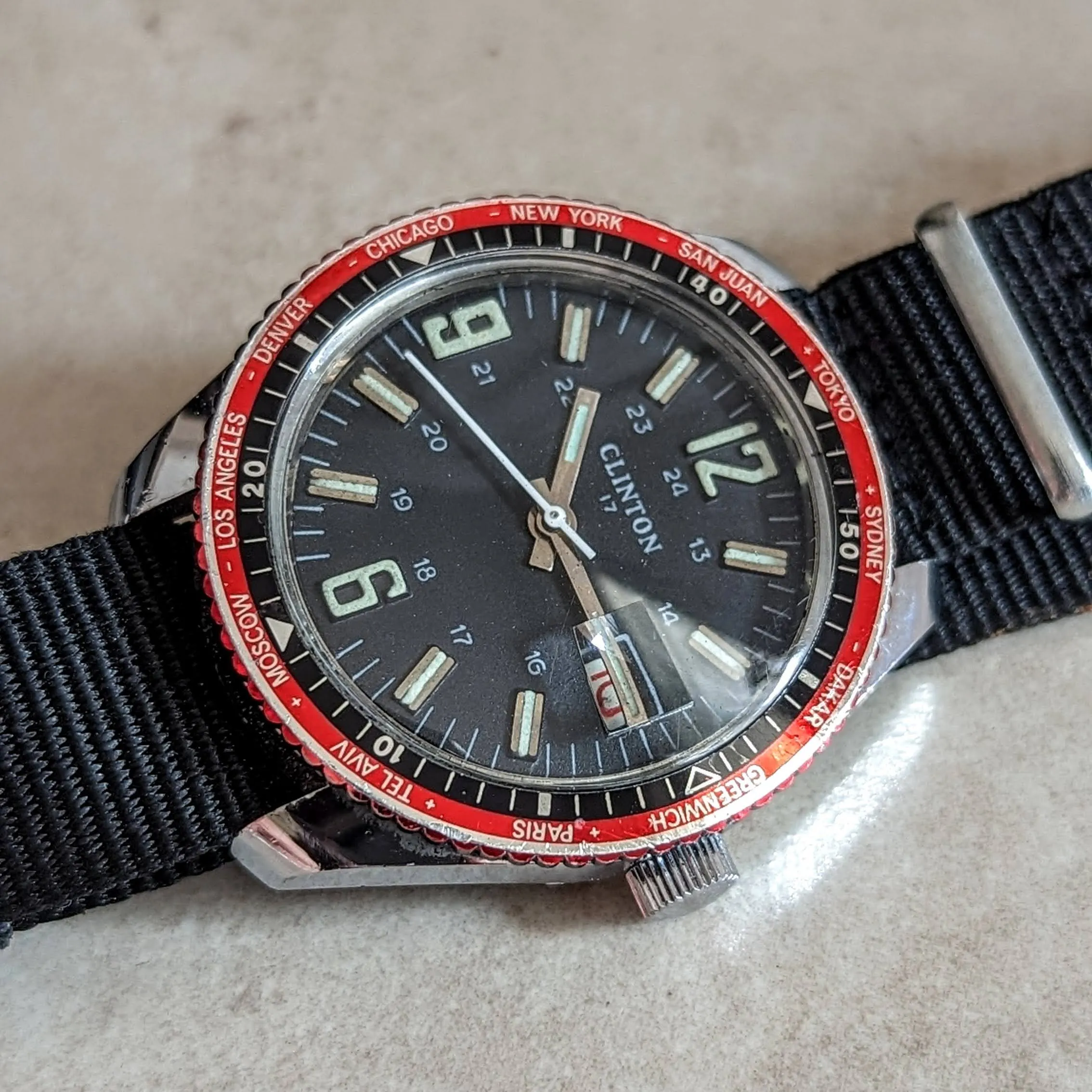 Vintage CLINTON Wristwatch Date & World Time Watch 17 Jewels GMT Watch