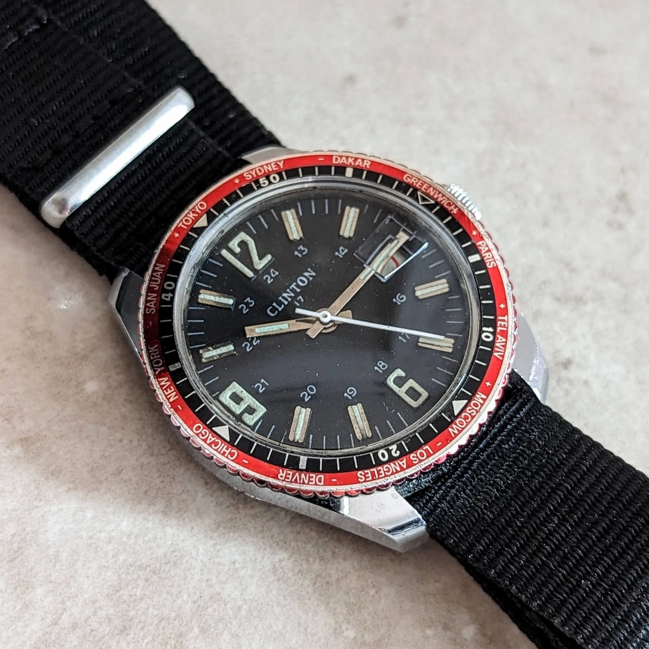 Vintage CLINTON Wristwatch Date & World Time Watch 17 Jewels GMT Watch