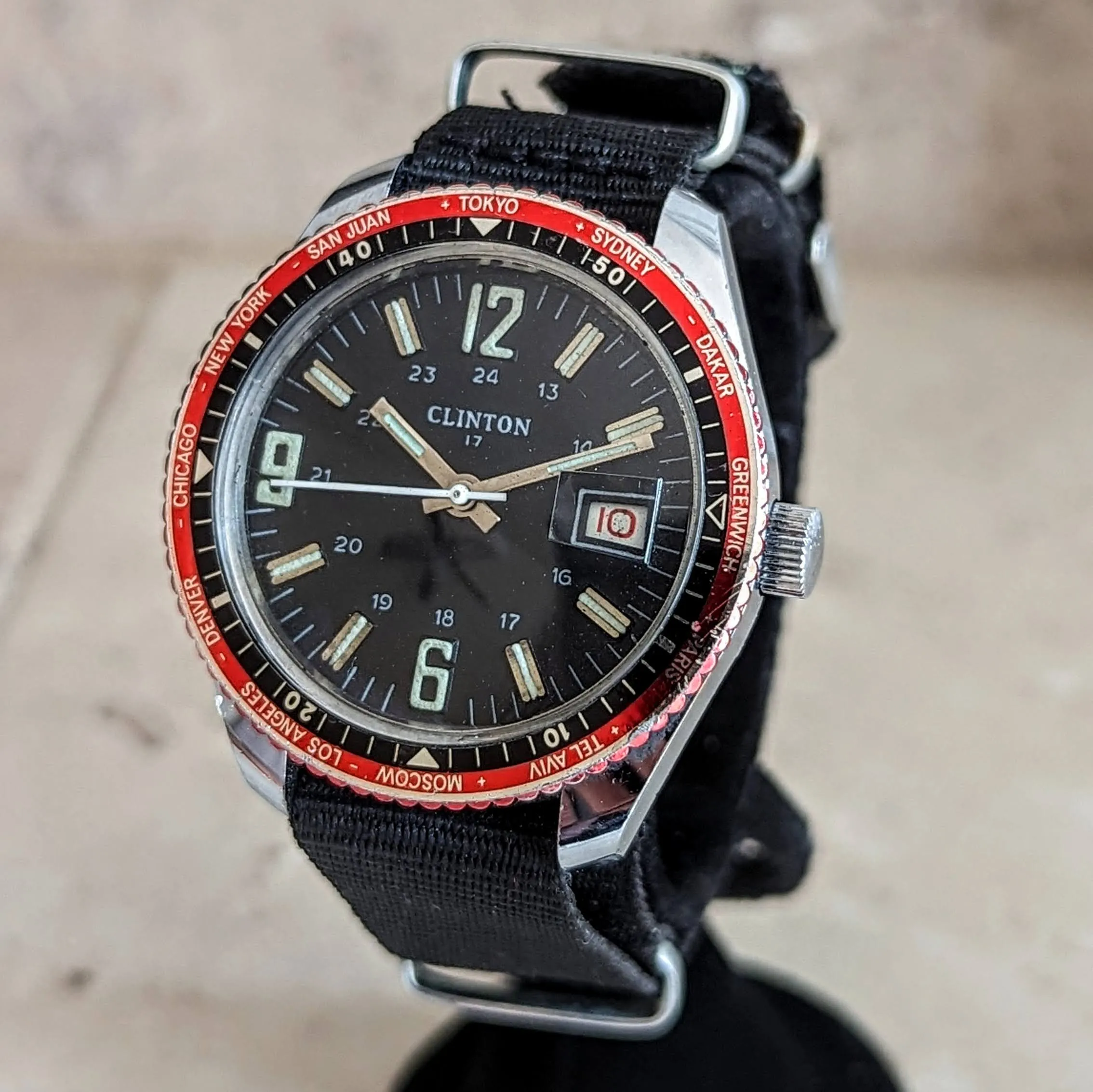 Vintage CLINTON Wristwatch Date & World Time Watch 17 Jewels GMT Watch