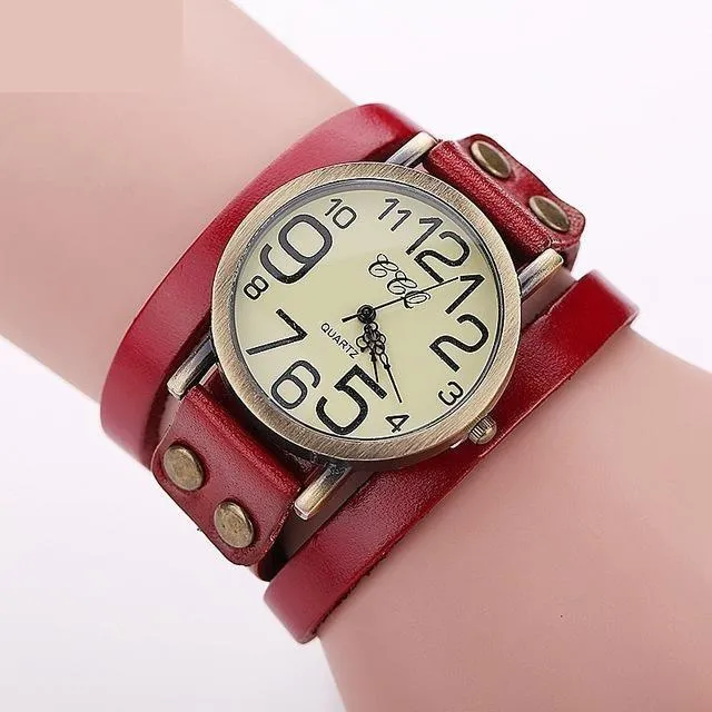 Vintage Fashion Cow Leather Bracelet Style Quartz Watches for Women