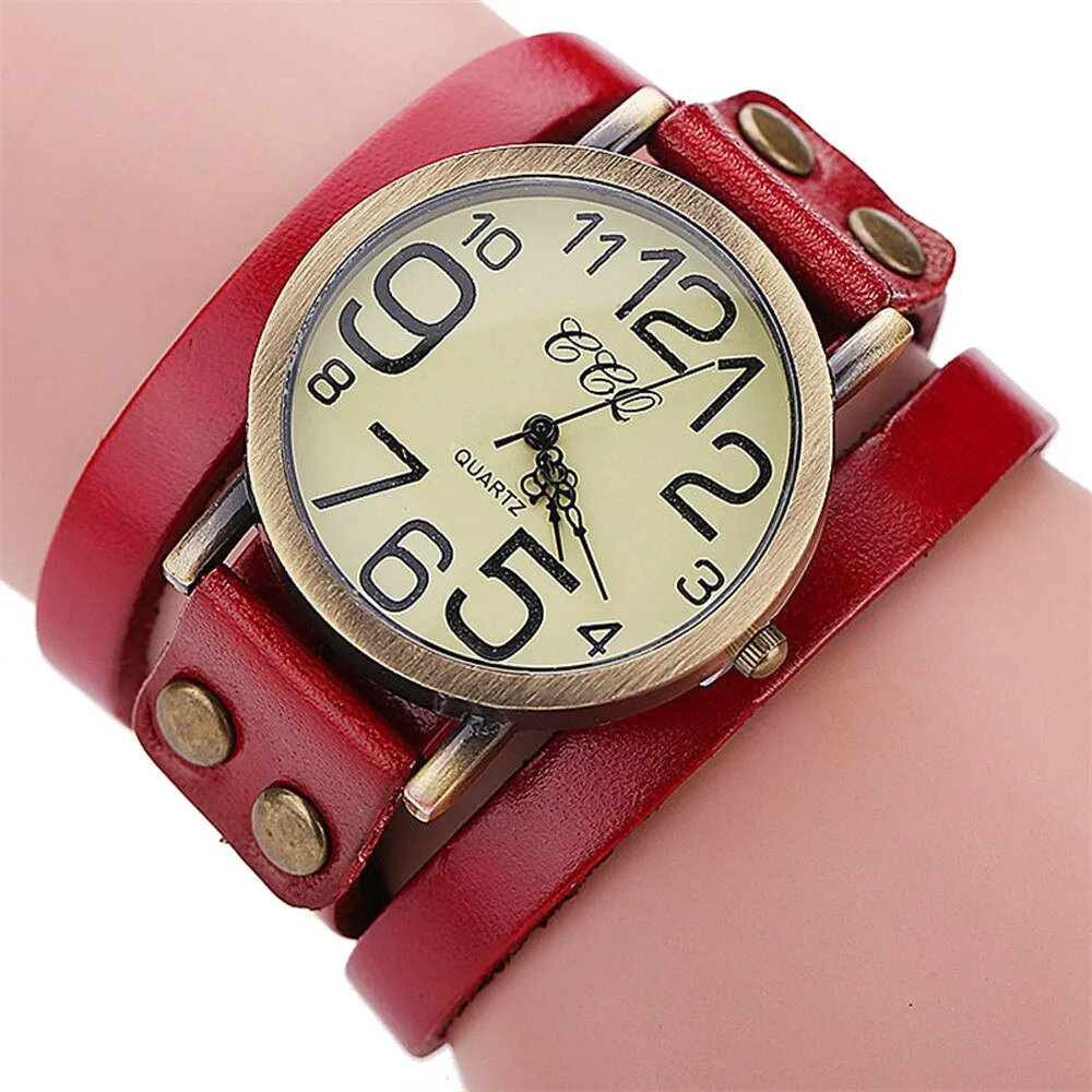Vintage Fashion Cow Leather Bracelet Style Quartz Watches for Women