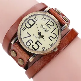 Vintage Fashion Cow Leather Bracelet Style Quartz Watches for Women