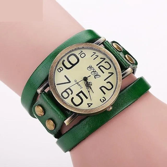 Vintage Fashion Cow Leather Bracelet Style Quartz Watches for Women