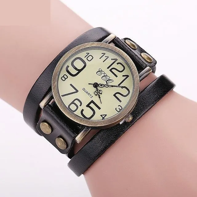 Vintage Fashion Cow Leather Bracelet Style Quartz Watches for Women
