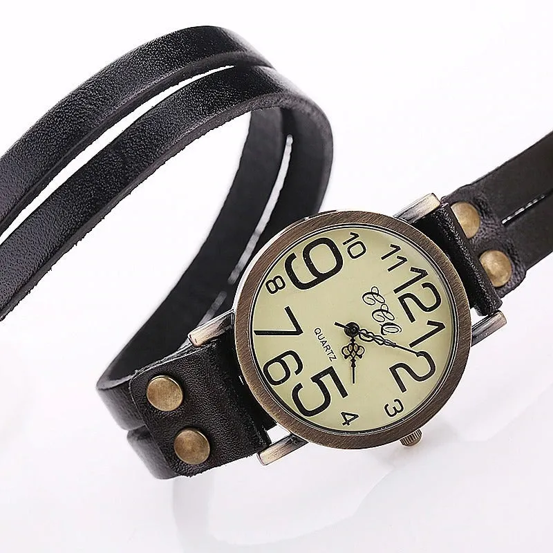 Vintage Fashion Cow Leather Bracelet Style Quartz Watches for Women