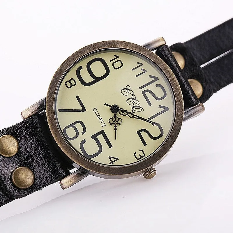 Vintage Fashion Cow Leather Bracelet Style Quartz Watches for Women