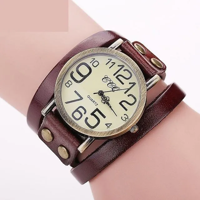 Vintage Fashion Cow Leather Bracelet Style Quartz Watches for Women