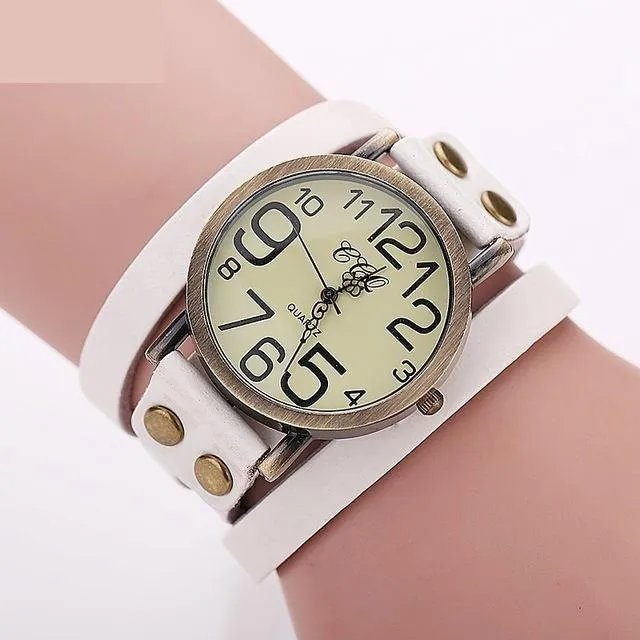Vintage Fashion Cow Leather Bracelet Style Quartz Watches for Women