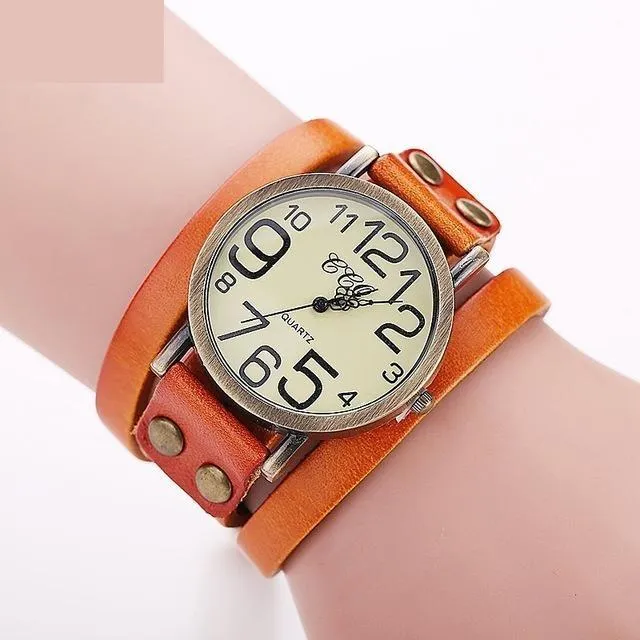 Vintage Fashion Cow Leather Bracelet Style Quartz Watches for Women