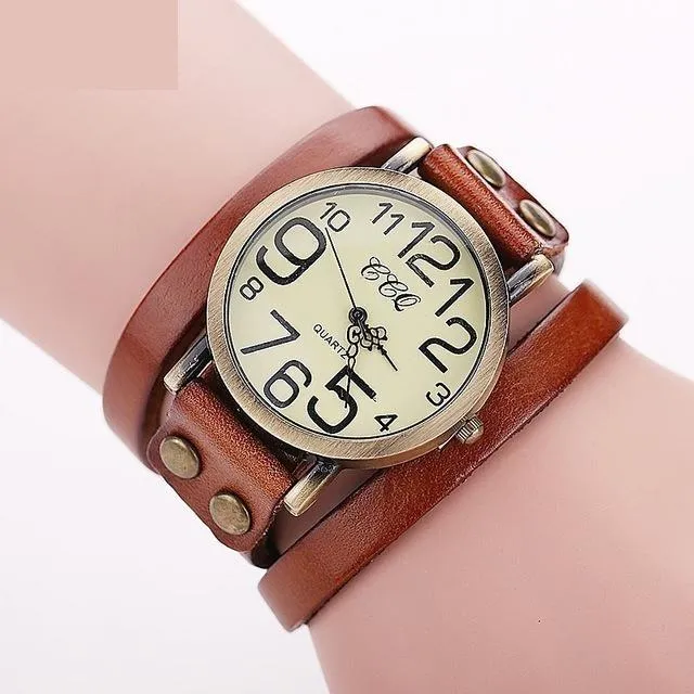 Vintage Fashion Cow Leather Bracelet Style Quartz Watches for Women