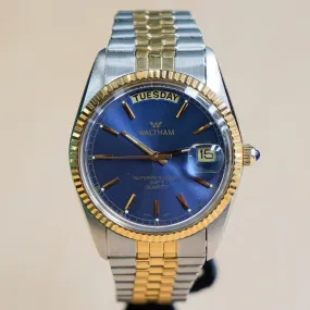 WALTHAM Day/Date Watch Waterresistant 100FT Quartz Wristwatch Blue Dial Two-Tone Case & Flex Band