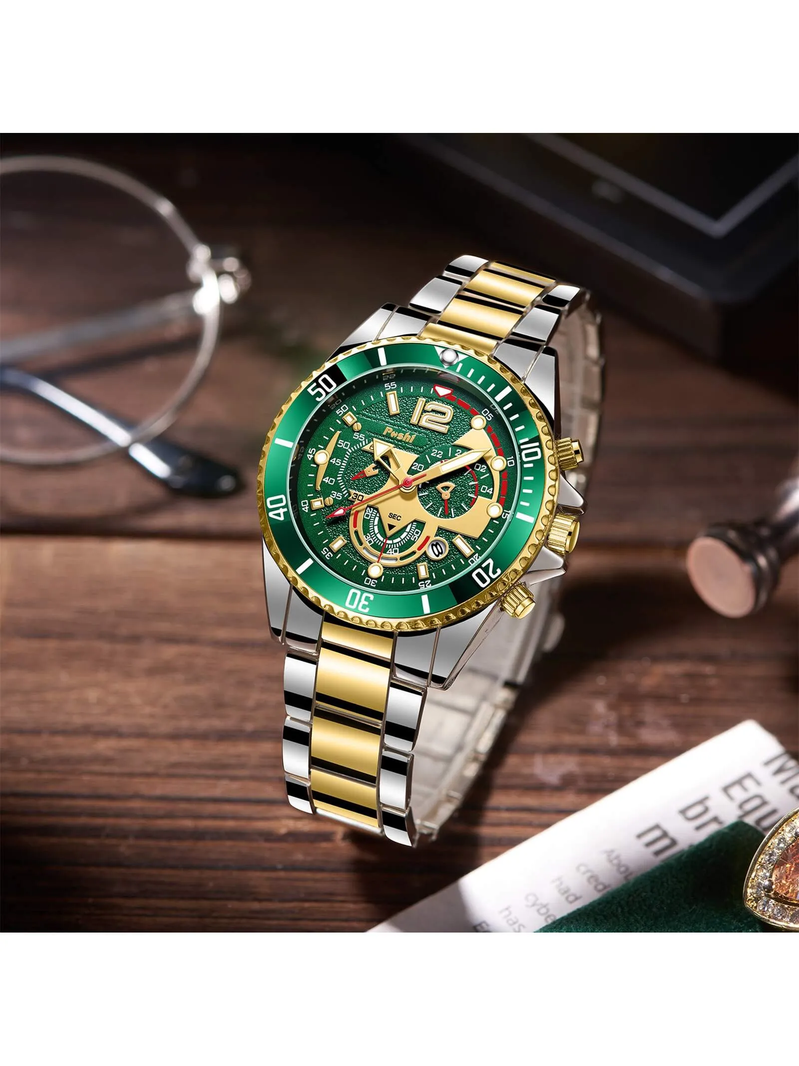 Waterproof Stainless Steel Calendar Men's Quartz Watch & 1pc Dragon Bone Bracelet