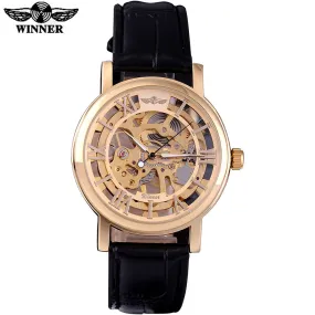 WINNER brand fashion casual men mechanical watches men's automatic skeleton gold case leather strap watches relogio masculino