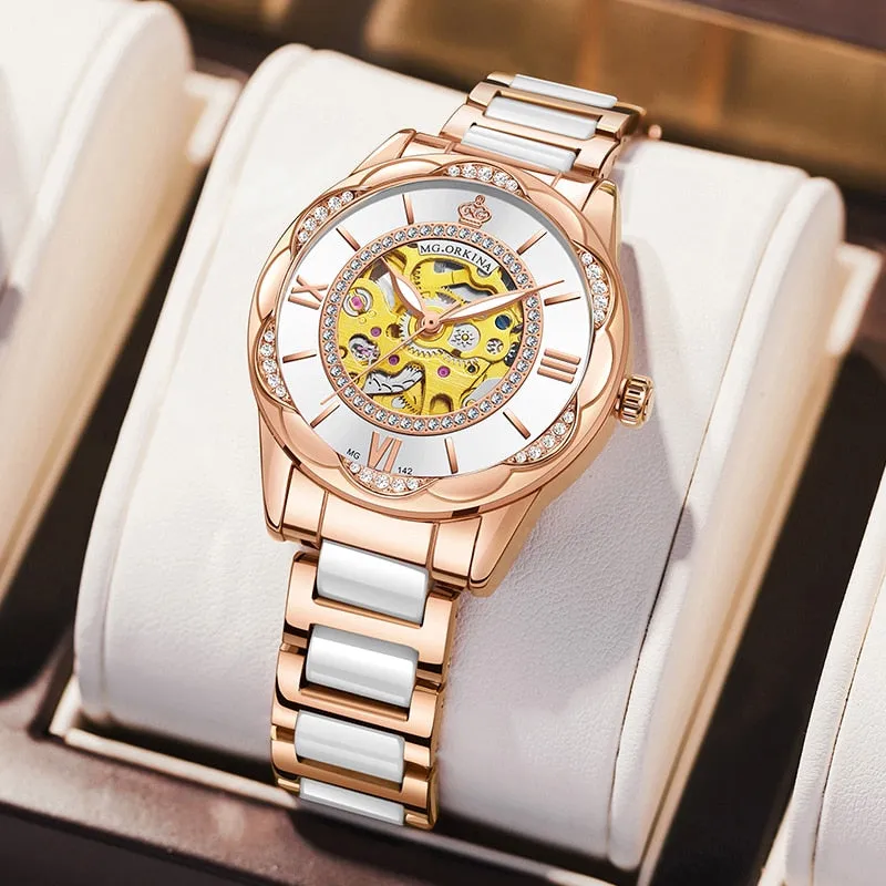 Women's Ceramics Stainless Steel Mechanical Automatic Self-wind Watch