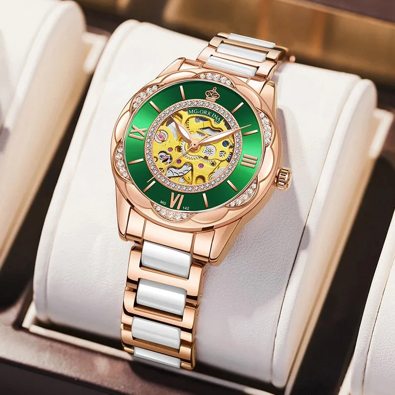 Women's Ceramics Stainless Steel Mechanical Automatic Self-wind Watch