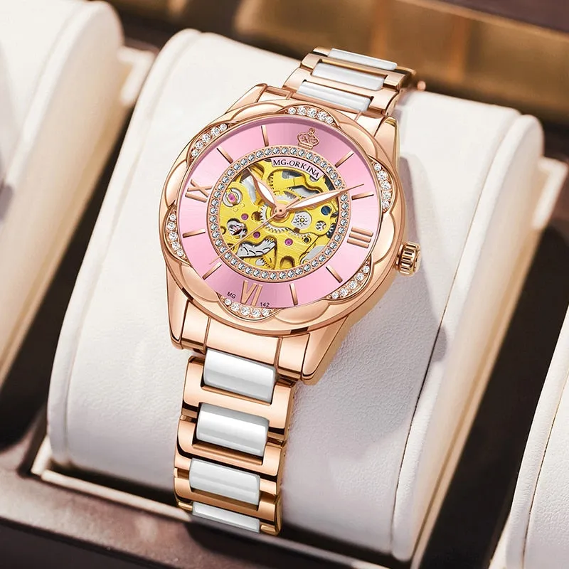Women's Ceramics Stainless Steel Mechanical Automatic Self-wind Watch