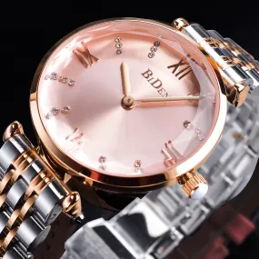 Women's Pink Dial Diamond Quartz Movement Stainless Steel Wrist Watch