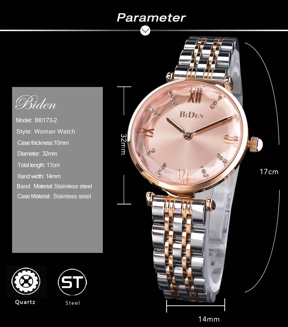 Women's Pink Dial Diamond Quartz Movement Stainless Steel Wrist Watch