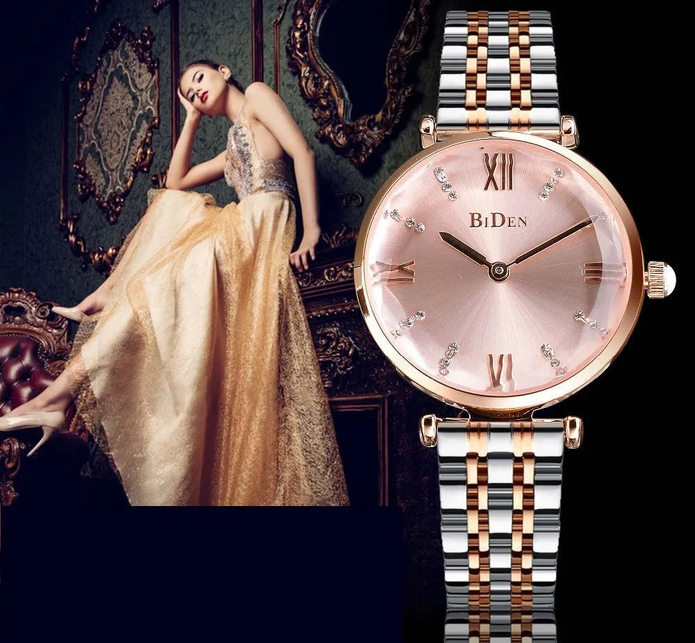 Women's Pink Dial Diamond Quartz Movement Stainless Steel Wrist Watch