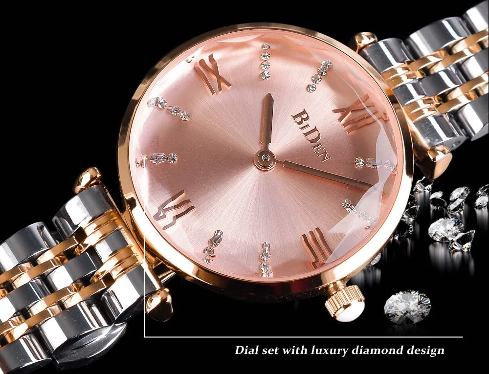 Women's Pink Dial Diamond Quartz Movement Stainless Steel Wrist Watch