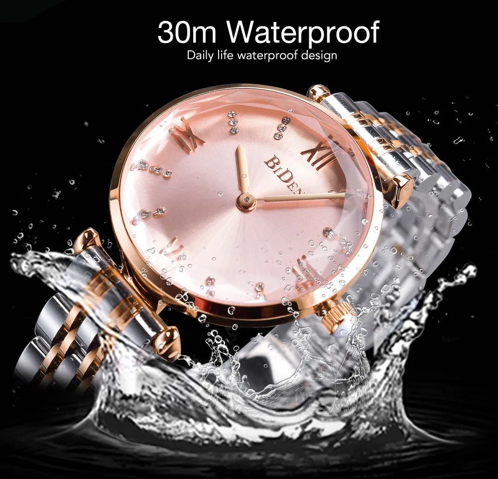 Women's Pink Dial Diamond Quartz Movement Stainless Steel Wrist Watch