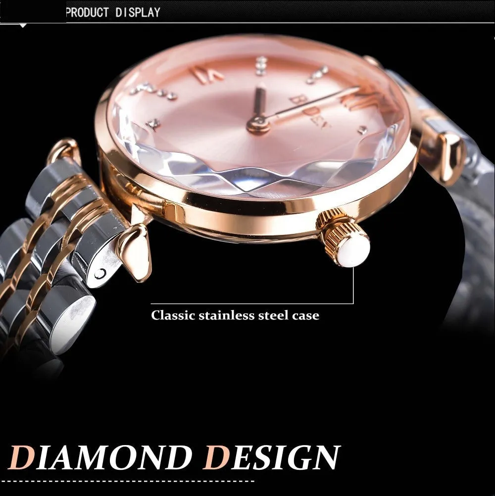 Women's Pink Dial Diamond Quartz Movement Stainless Steel Wrist Watch